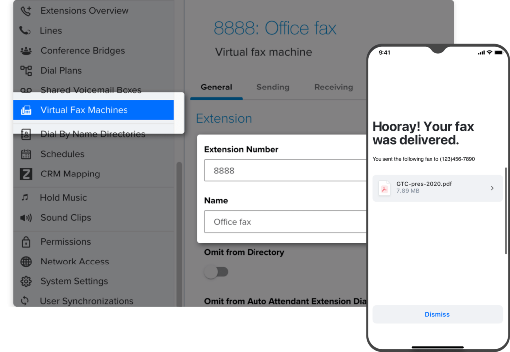 GoTo Connect desktop app and mobile phone screen with virtual fax manager.