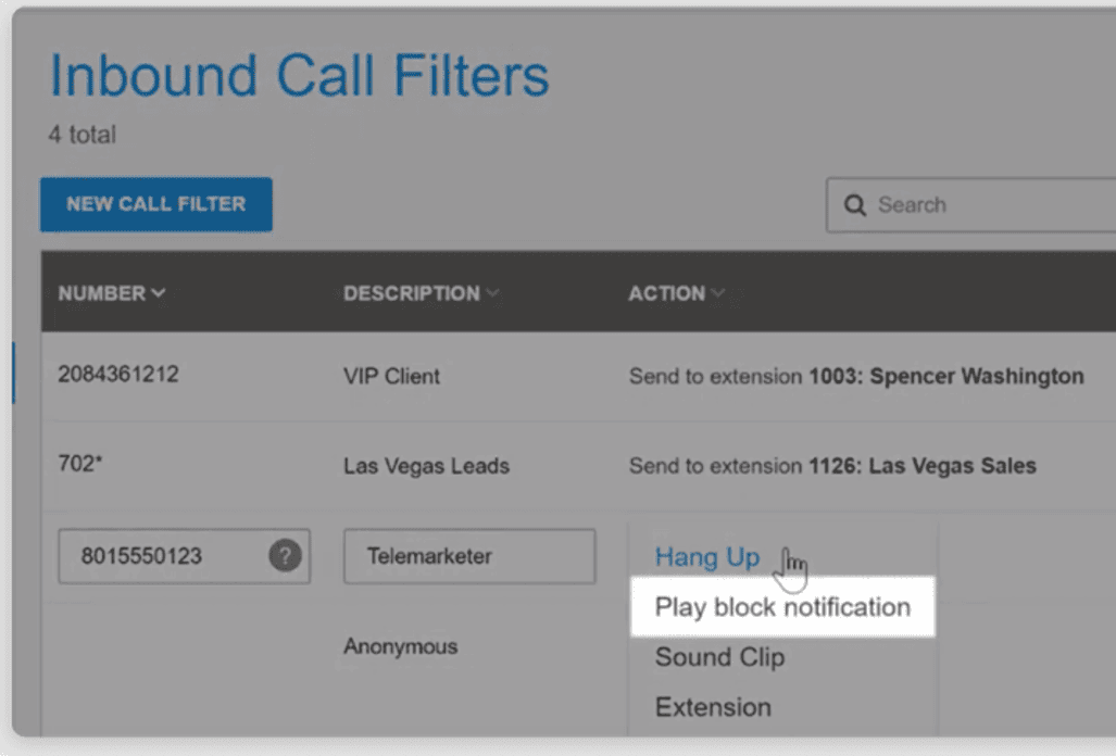 GoTo Connect's inbound call filter settings page with a highlight on the play block notification option. 