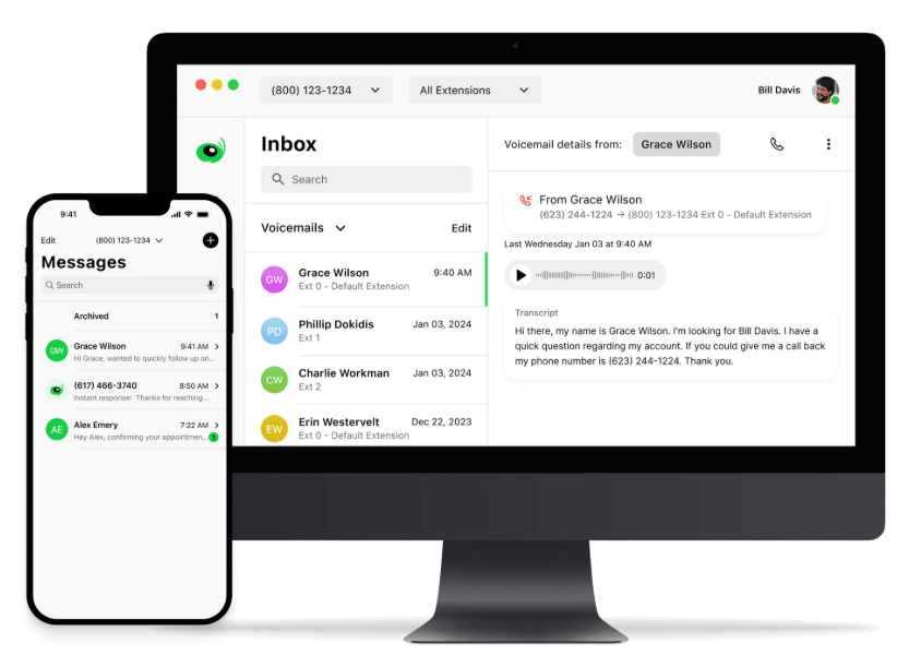 Desktop monitor and cellphone screen featuring the Grasshopper app.