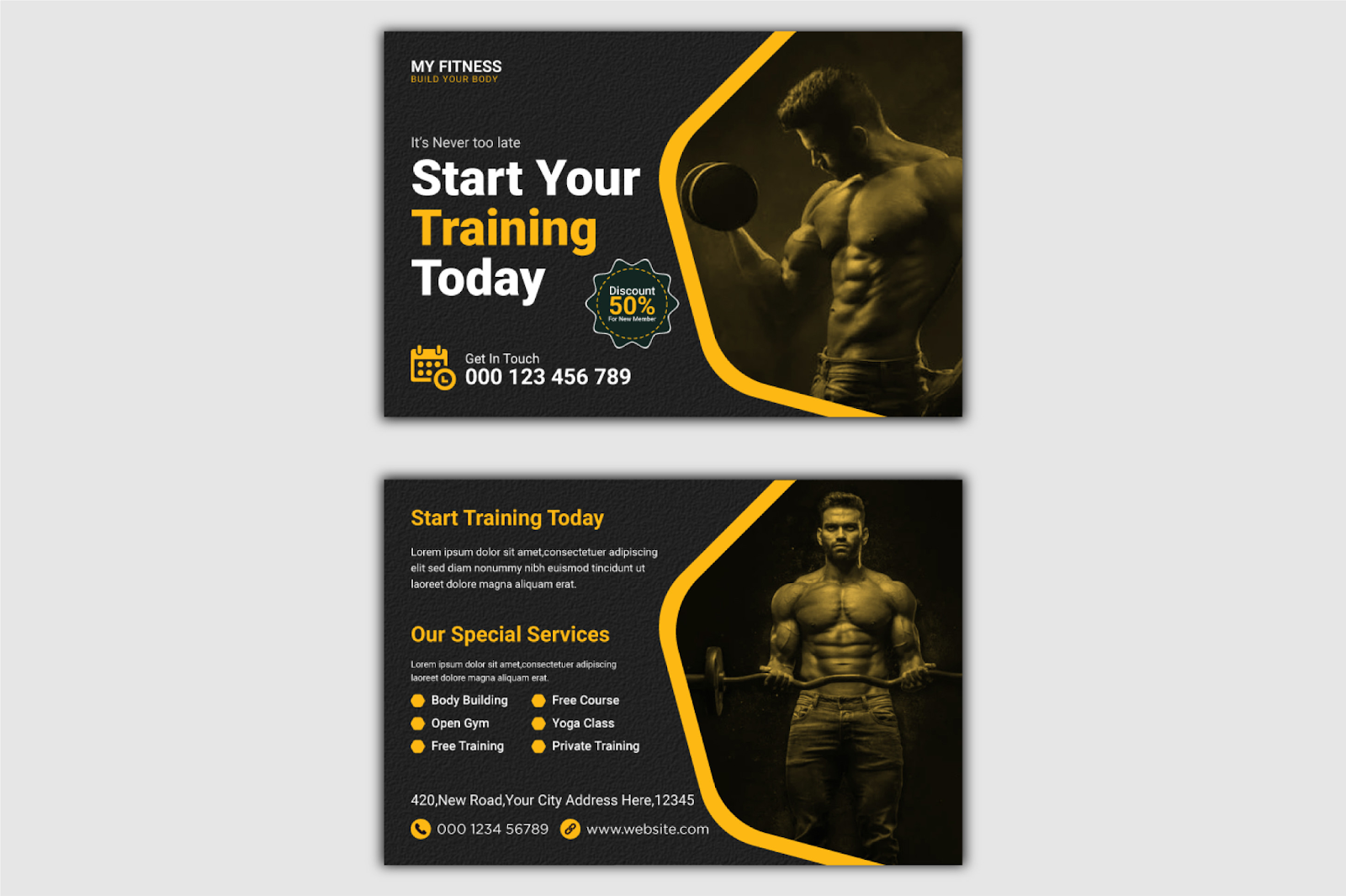 Sample postcard for a gym with a black and yellow color scheme.