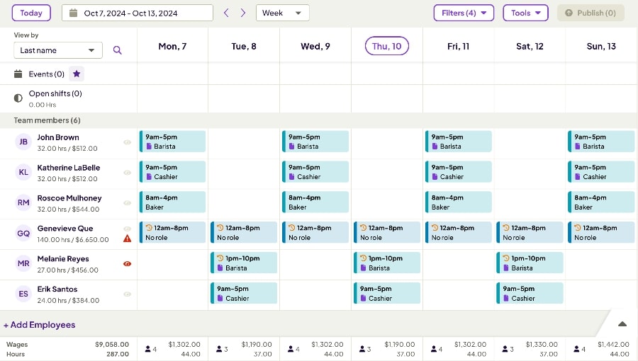 Homebase's timesheets give you an overview of all the schedules you have including special events and open shifts.