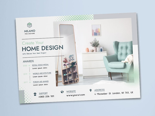 A sample postcard for an interior design agency in landscape layout.