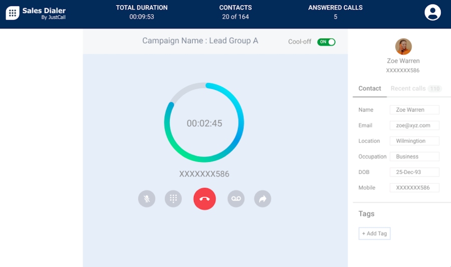 JustCall's Sales Dialer feature showing a contact's information during a call.