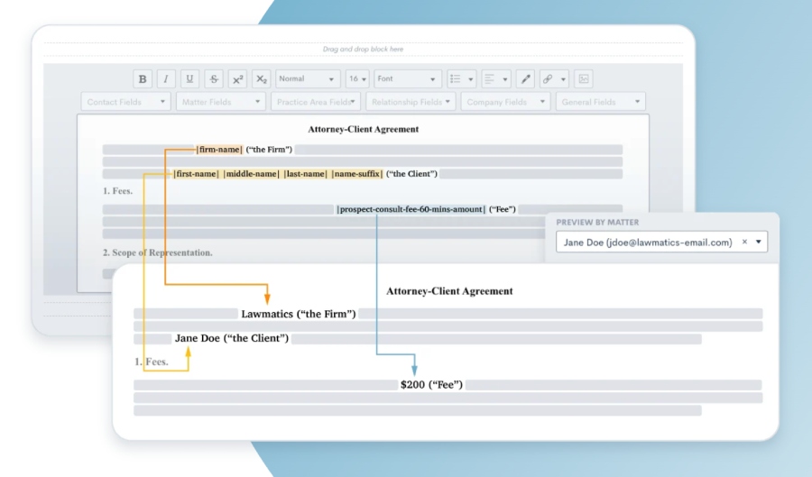 The Lawmatics documentation system showing intelligent automation of an attorney-client agreement template.