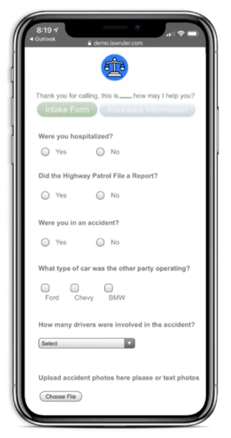 Law Ruler's client intake form on mobile view where you can find questions for creating automation when seeking consultation on a personal injury case.