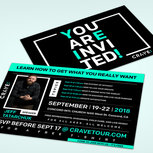 An invitation postcard for an event with a motivational speaker.