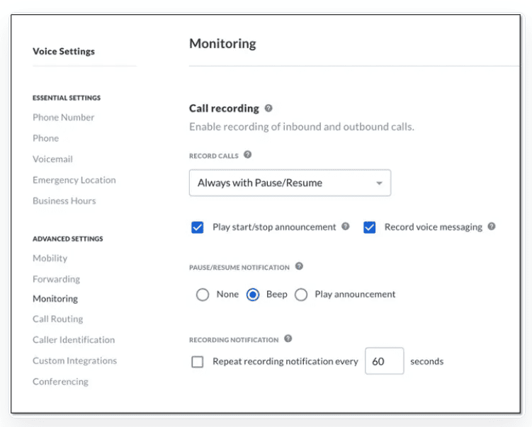 Nextiva call recording feature highlighted in the product voice settings.