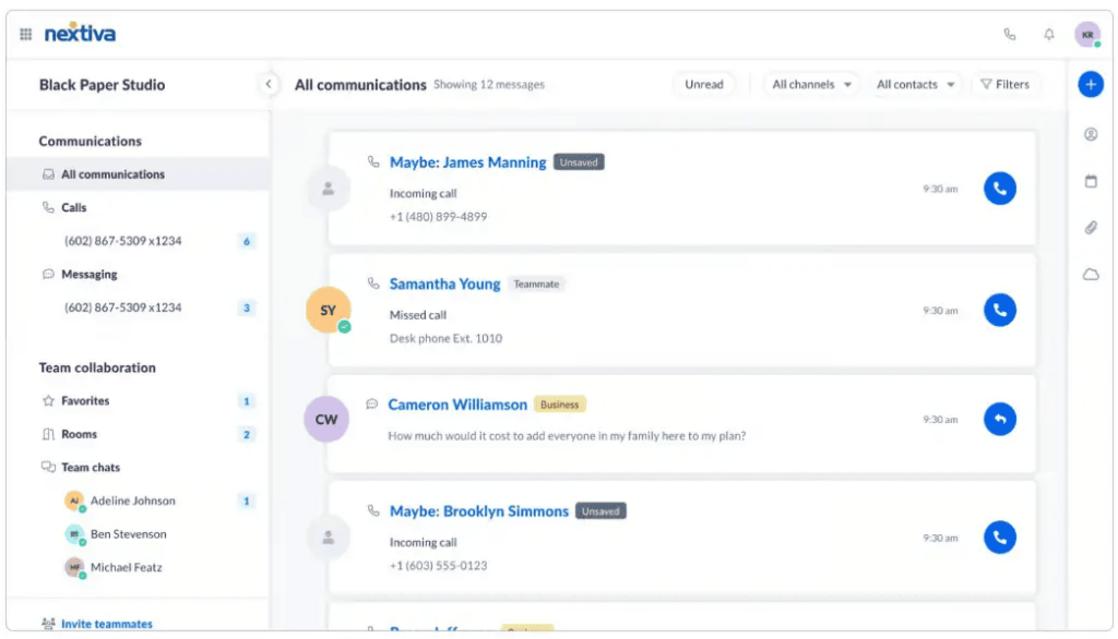NextivaOne dashboard with team communication in a centralized digital inbox.