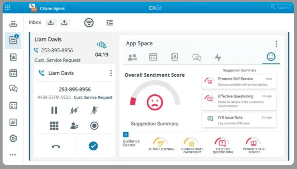 CXone agent dashboard with sentiment scores and customer data.