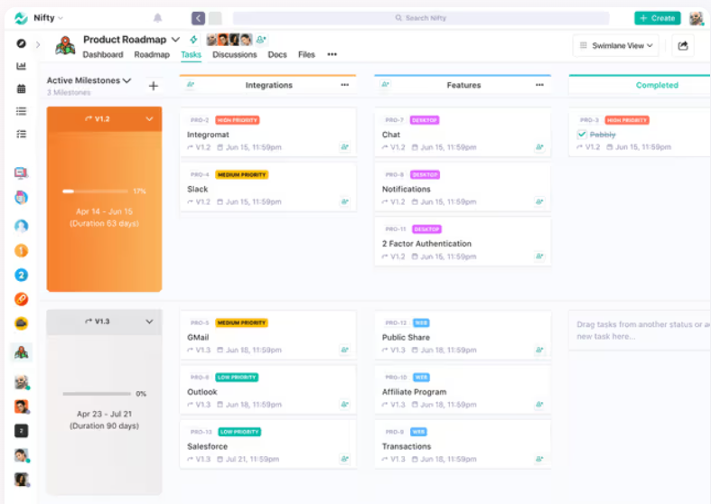 The Nifty dashboard in the swimlane view highlighting project milestones and tasks.