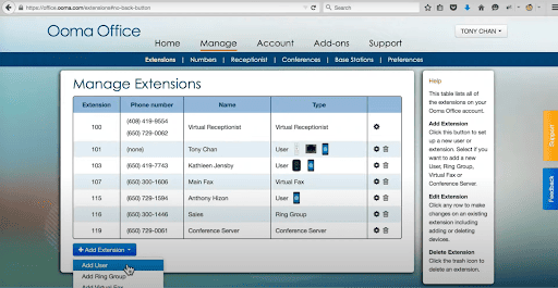 A sample table listing account extensions with a drop down option for adding users and ring groups to extensions. 