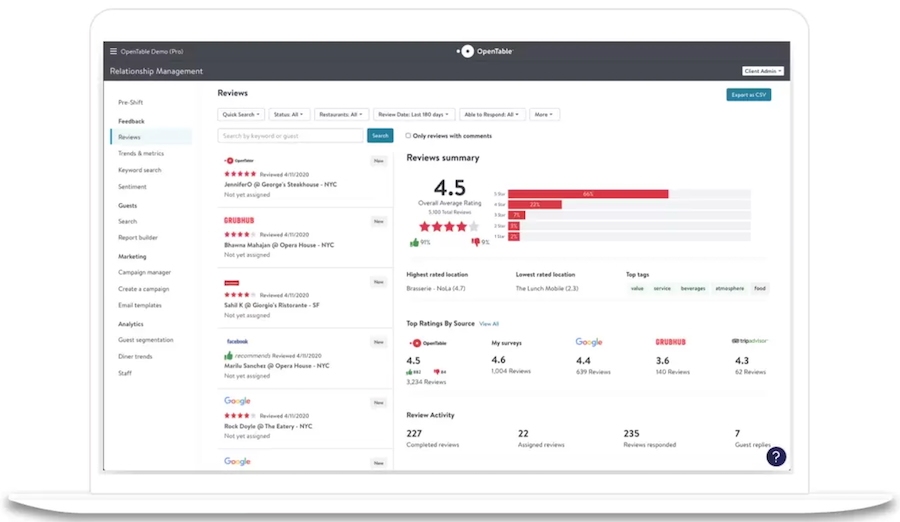 OpenTable customer feedback collection and management system with a reviews summary section.