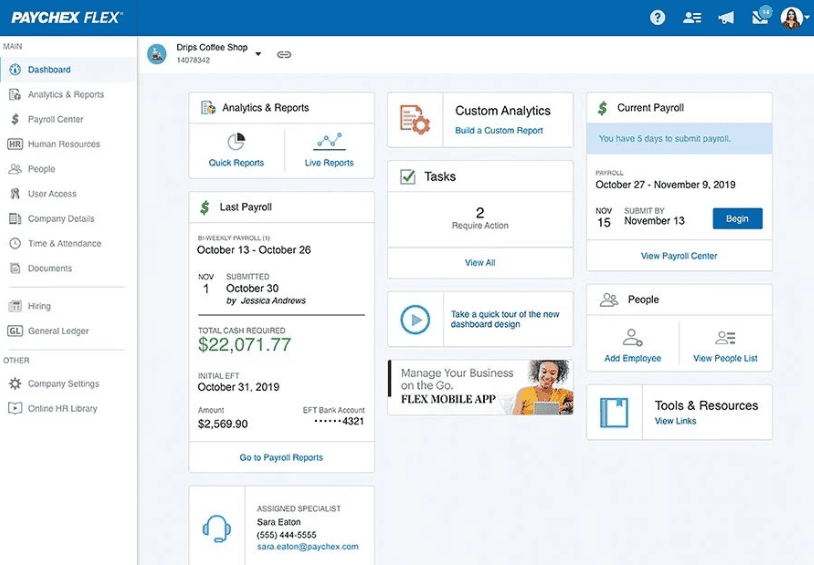 VIew of Paychex Flex’s main dashboard contains quick links to running payroll, adding employees, generating reports, and more.