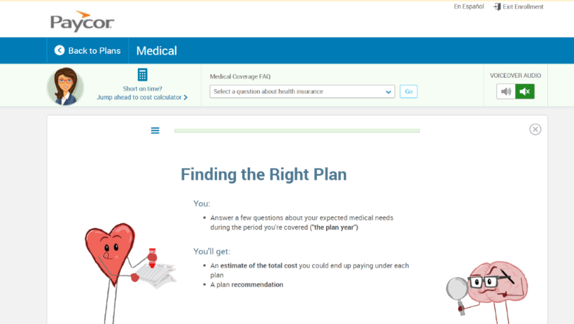 Paycor benefits tool for employees features an online quiz to help them find the right benefits plan and compare costs.