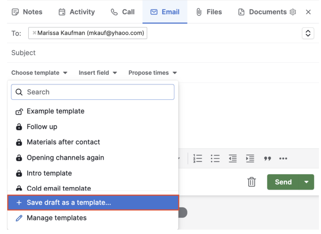 Pipedrive email workspace showing email template options and save a draft as a template.