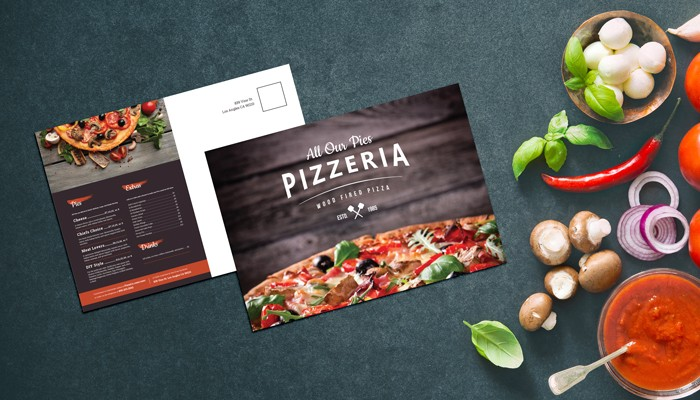 A sample postcard advertising a pizzeria.