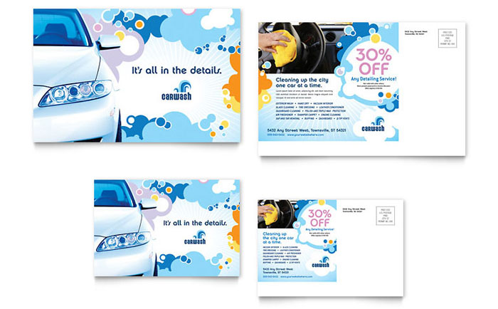 Sample postcards for a car wash business with a retro design.