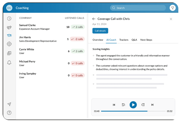 RingCentral coaching dashboard with call analytics data and AI feedback.