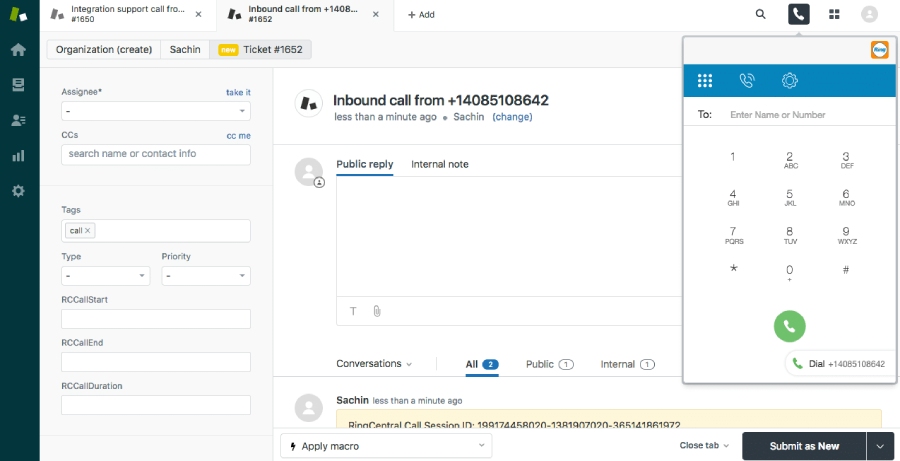 RingCentral contact center dashboard with incoming call data.