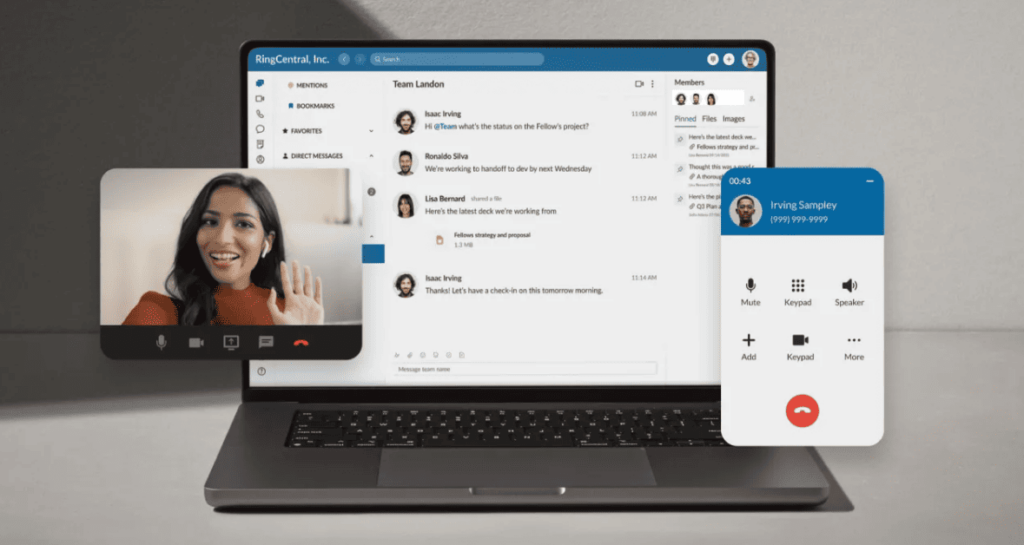 Laptop featuring the RingCentral phone app with video screen and keypad.