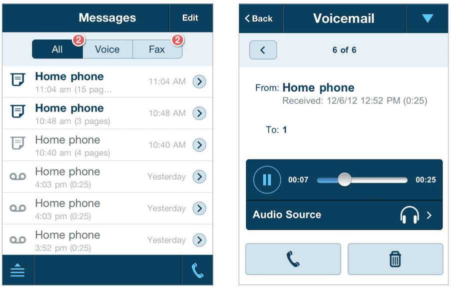 RingCentral's mobile app virtual voicemail inbox interface. 