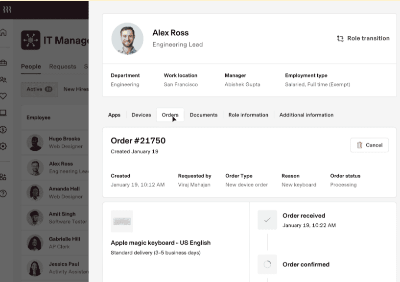 Rippling IT management module with an employee profile at the right of the screen containing details about company devices and apps assigned to the worker.