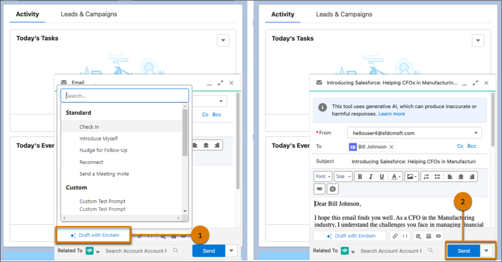  Salesforce's activity board showing an option to draft and modify an email with the AI tool, Einstein.