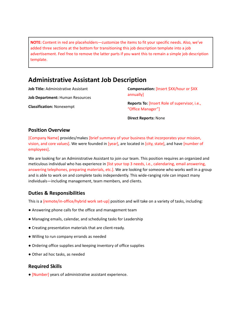 Administrative Assistant Job Description Page 1