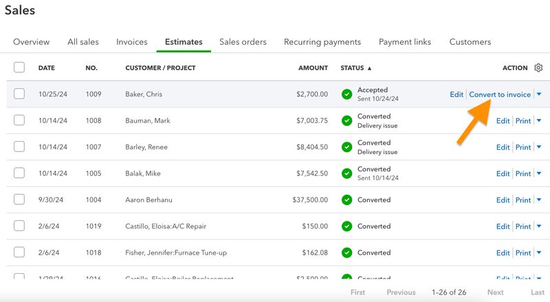 Screen where you can convert an estimate into an invoice in QuickBooks Online