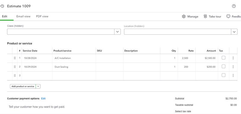 Estimate form in QuickBooks Online showing sample line items