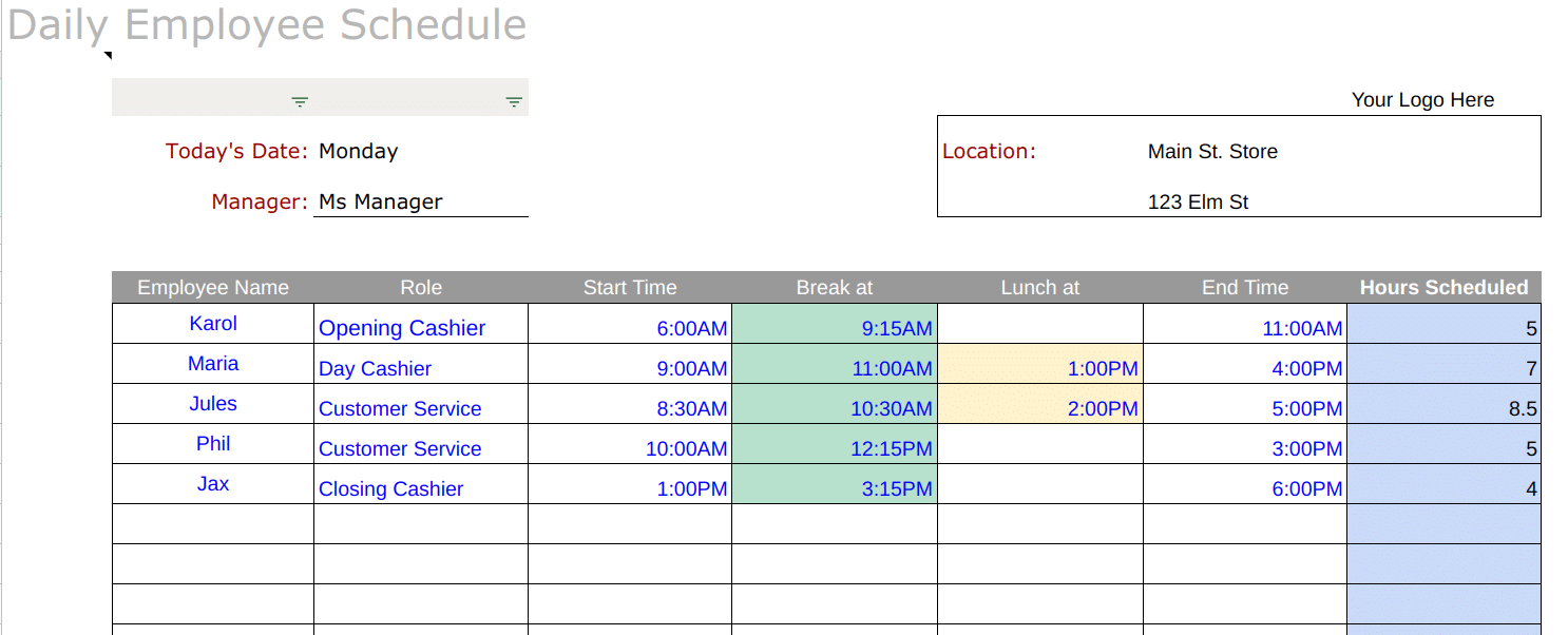 The daily employee schedule template screenshot.