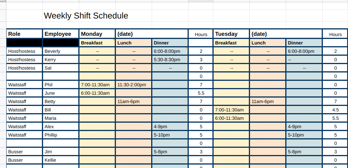 The employee shift schedule template screenshot.