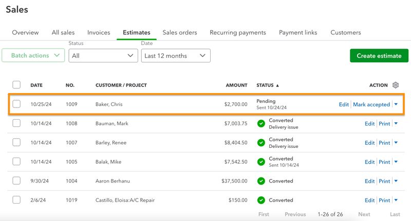 Estimate tracker in QuickBooks Online highlighting an estimate that is recently created