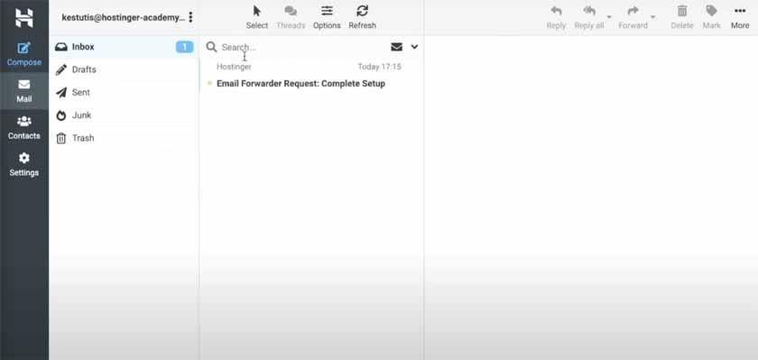 Hostinger webmail's inbox interface.