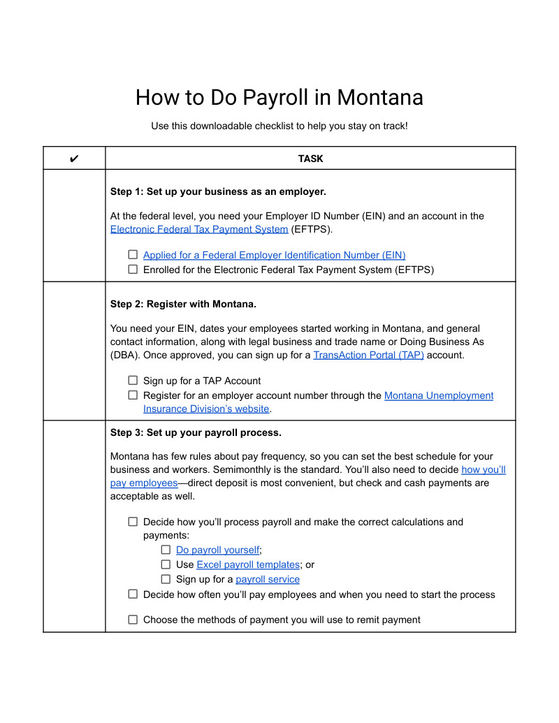 The first page of How To Do Payroll in Montana Checklist