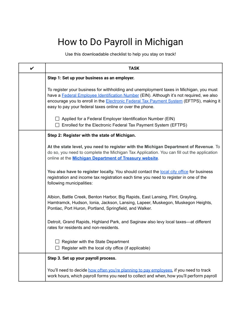 The first page of the template "How to do payroll in Michigan".