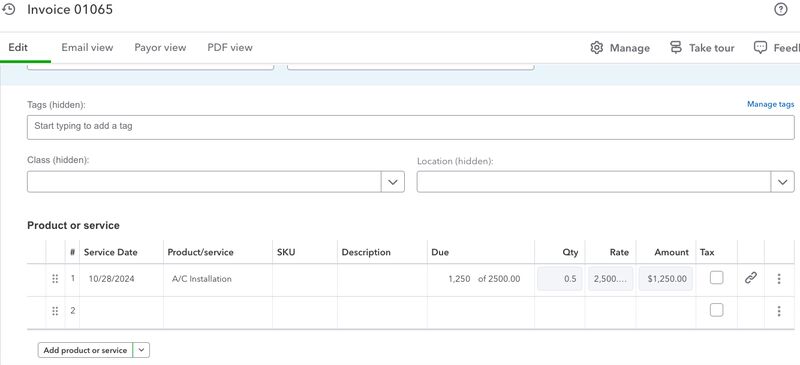 Invoicing form showing the remaining estimate portion to be invoiced in QuickBooks