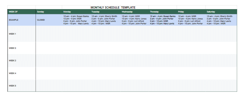 The monthly employee schedule template screenshot.