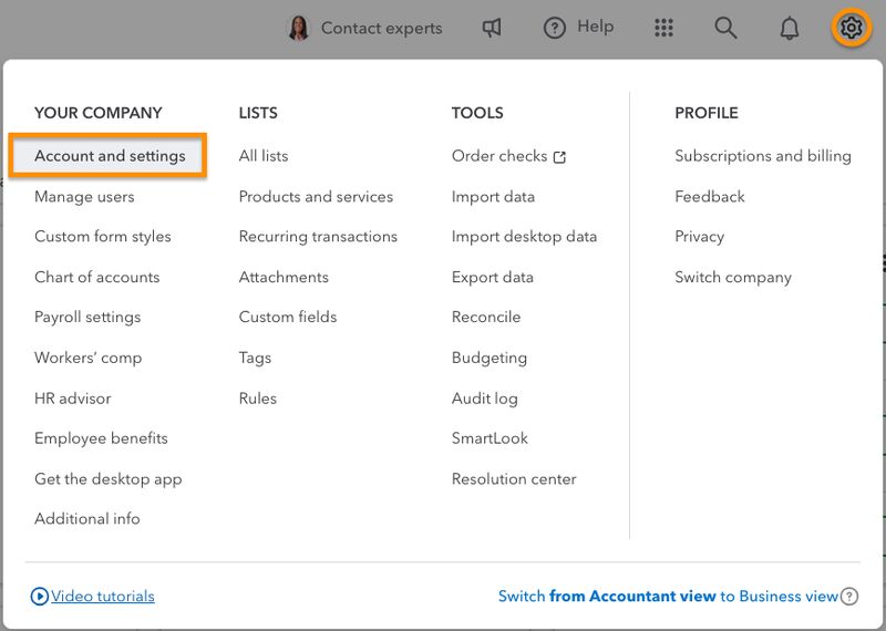 Screen showing how to navigate to Account and settings in QuickBooks Online