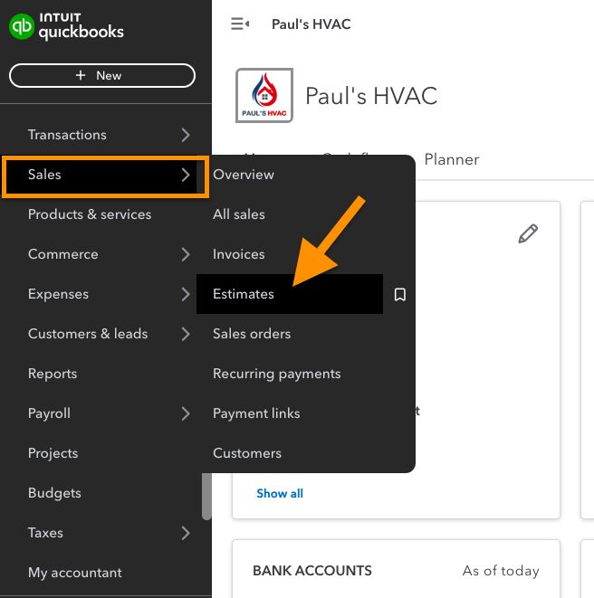 Screen showing how to navigate to the estimate tracker in QuickBooks Online