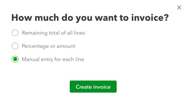 Screen where you can choose how much of the estimate you wan to invoice in QuickBooks