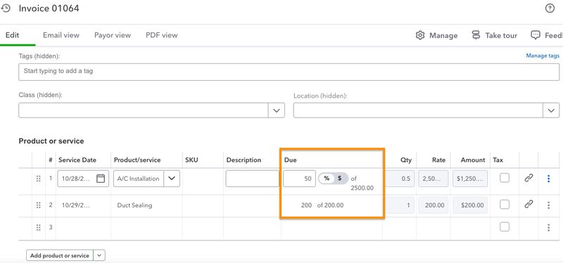 Invoicing form showing where you can specify the exact portion of the estimate to invoice in QuickBooks Online