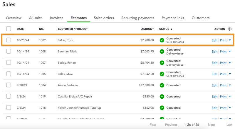 Estimate tracker highlighting an estimate that is recently updated into Converted status