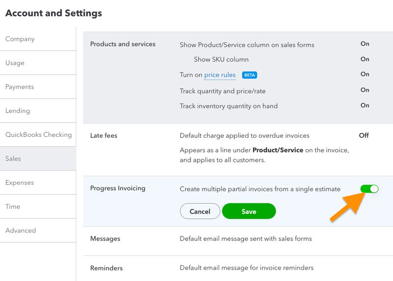 Screen where you can turn on progress invoicing in QuickBooks Online