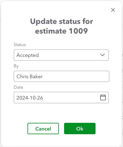 Screen where you can update the status of an estimate in QuickBooks Online