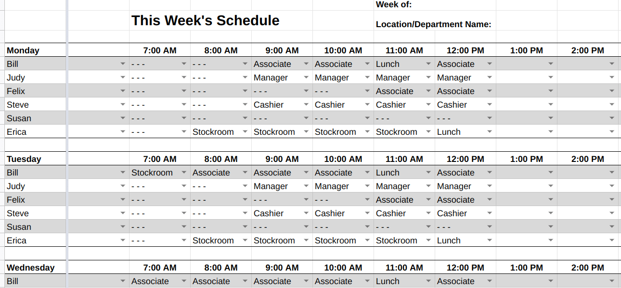 The weekly employee schedule template screenshot