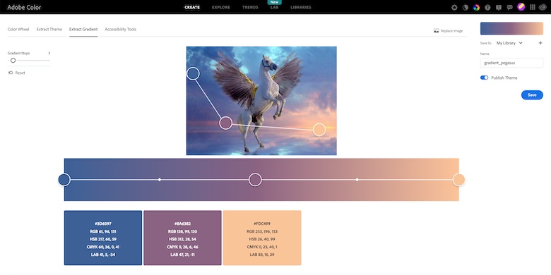Screenshot of Adobe Gradient Extractor showing how to create a three-color gradient by uploading a selected image and adjusting the sampling points on the image.