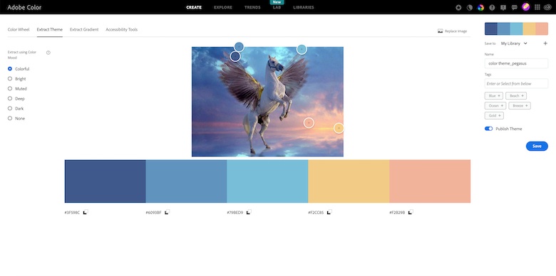 Screenshot of Adobe Palette Extractor showing how to create a five-color scheme by uploading a selected image and adjusting the sampling points on the image.