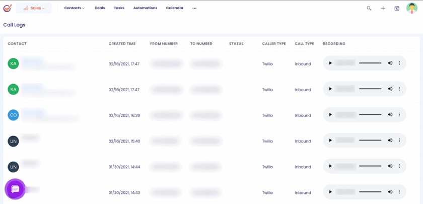 A mockup of EngageBay's call logs with details of customer calls and access to call recordings.