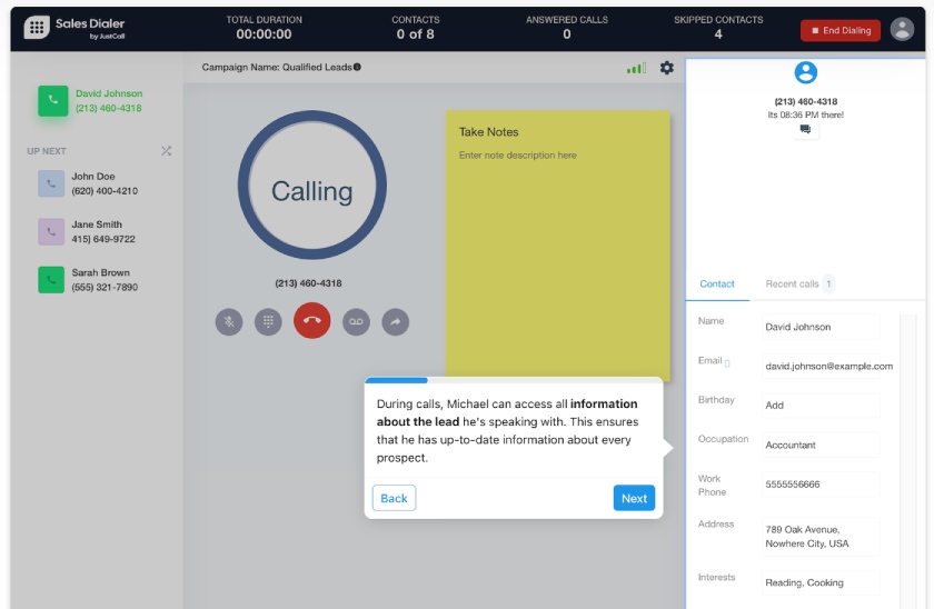 A screenshot from an interactive demo of JustCall's Sales Dialer power dialer tool showing relevant information about a lead.